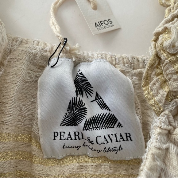 NWT Pearl & Caviar Crop Ruffle Top Woven Cotton Oatmeal Gold Metallic Striped S - Picture 13 of 16